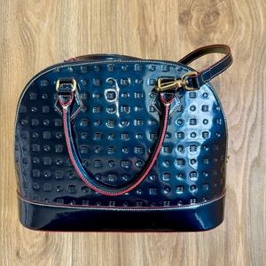 Arcadia Firenze Embossed Patent Leather Dome Satchel Navy Red Trim Italy